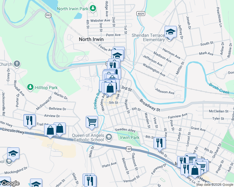 map of restaurants, bars, coffee shops, grocery stores, and more near 327 Main Street in Irwin