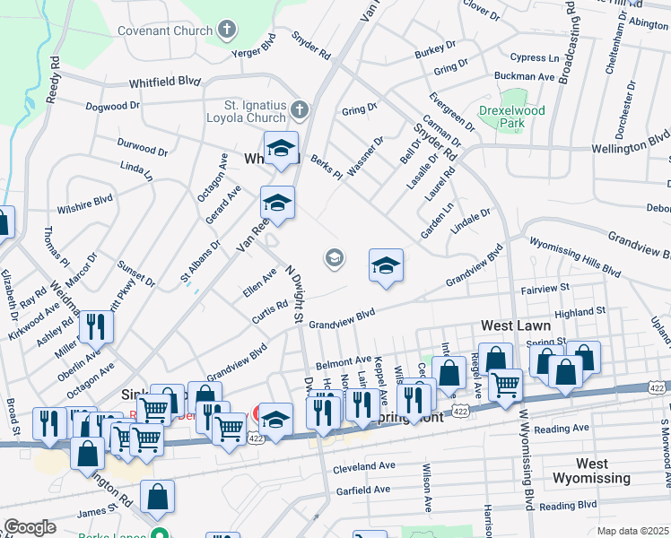 map of restaurants, bars, coffee shops, grocery stores, and more near 2601 Grandview Boulevard in Reading