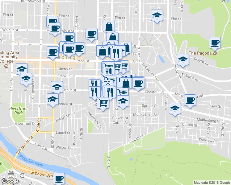 map of restaurants, bars, coffee shops, grocery stores, and more near 916 Chestnut Street in Reading