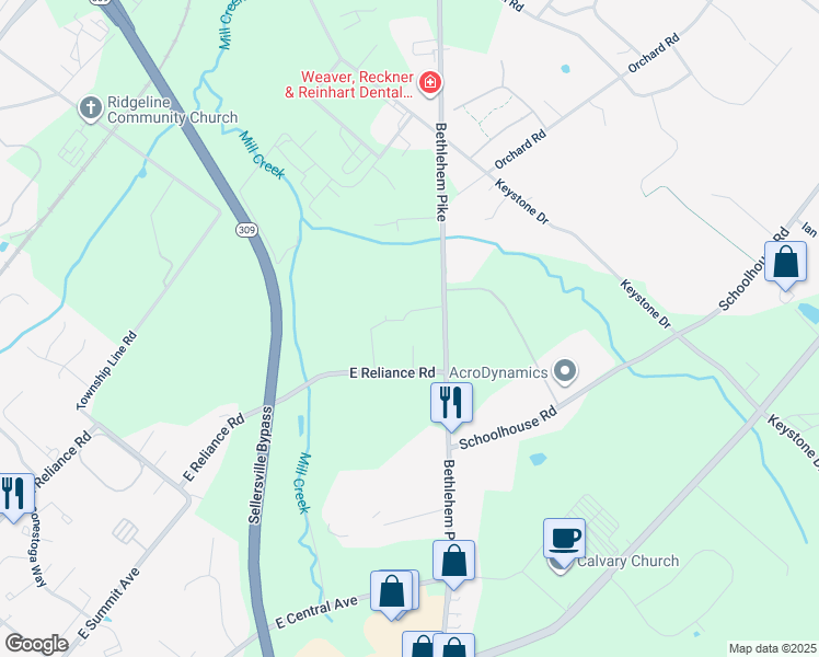 map of restaurants, bars, coffee shops, grocery stores, and more near 4416 Bethlehem Pike in Telford