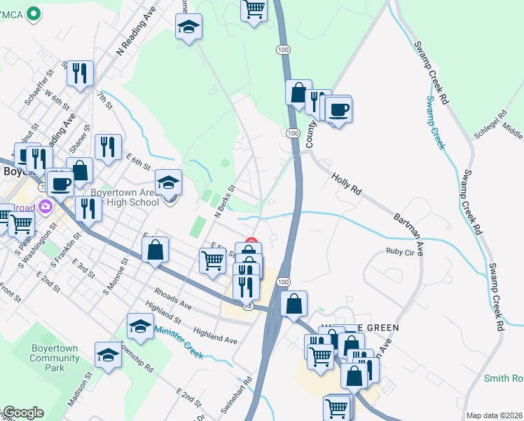 map of restaurants, bars, coffee shops, grocery stores, and more near 110 County Line Road in Boyertown