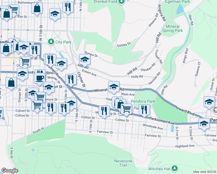 map of restaurants, bars, coffee shops, grocery stores, and more near 1603 Mineral Spring Road in Reading