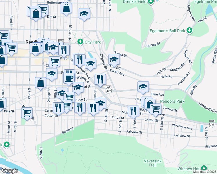 map of restaurants, bars, coffee shops, grocery stores, and more near 1345 Mineral Spring Road in Reading