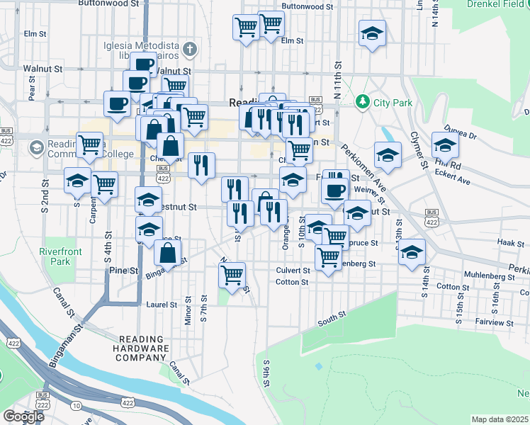 map of restaurants, bars, coffee shops, grocery stores, and more near 828 Chestnut Street in Reading