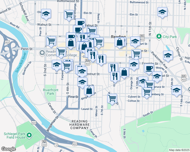 map of restaurants, bars, coffee shops, grocery stores, and more near in Reading