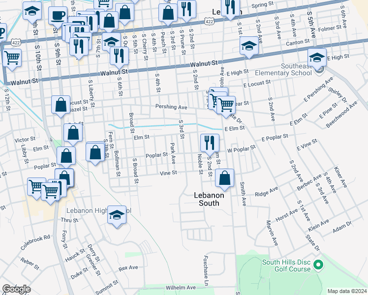 map of restaurants, bars, coffee shops, grocery stores, and more near 508 Prune Alley in Lebanon