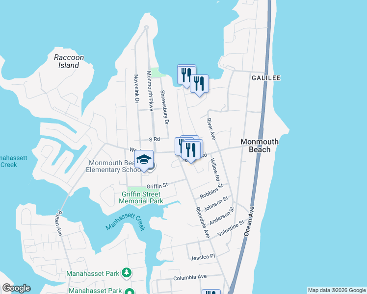 map of restaurants, bars, coffee shops, grocery stores, and more near 6 Borden Street in Monmouth Beach