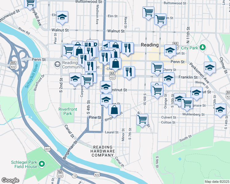 map of restaurants, bars, coffee shops, grocery stores, and more near 206 South 6th Street in Reading