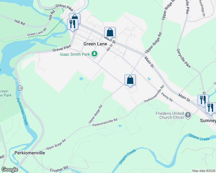 map of restaurants, bars, coffee shops, grocery stores, and more near 6550 Upper Ridge Road in Green Lane