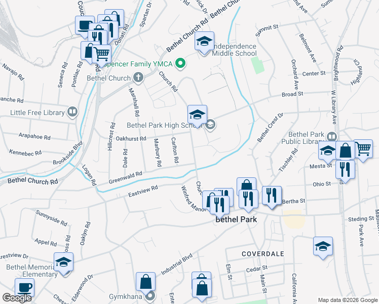 map of restaurants, bars, coffee shops, grocery stores, and more near 358 Church Road in Bethel Park