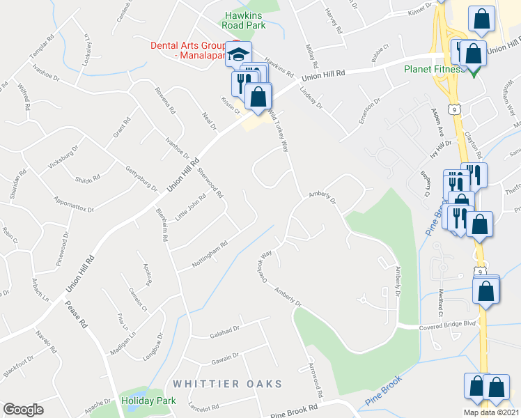 map of restaurants, bars, coffee shops, grocery stores, and more near 33 Nottingham Road in Manalapan Township