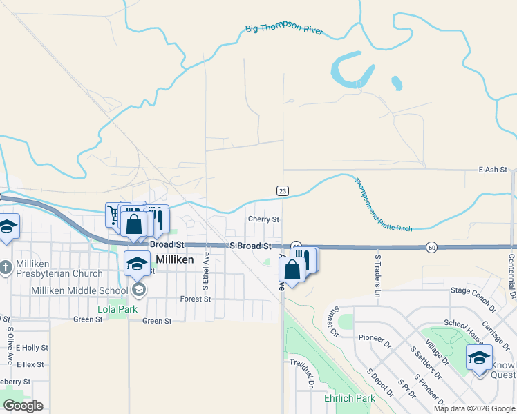 map of restaurants, bars, coffee shops, grocery stores, and more near 203 North Beulah Avenue in Milliken