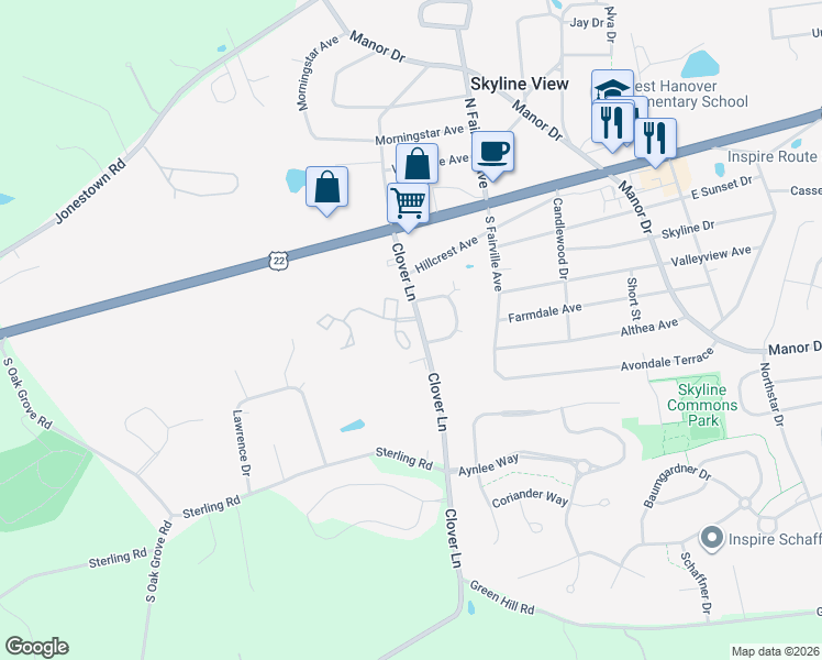 map of restaurants, bars, coffee shops, grocery stores, and more near 255 Meadow Lane in Harrisburg