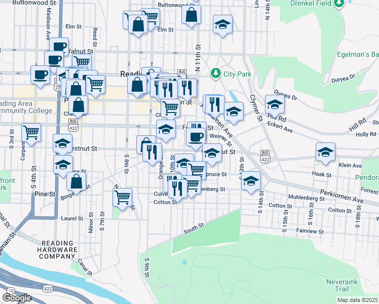 map of restaurants, bars, coffee shops, grocery stores, and more near 1036 Chestnut Street in Reading