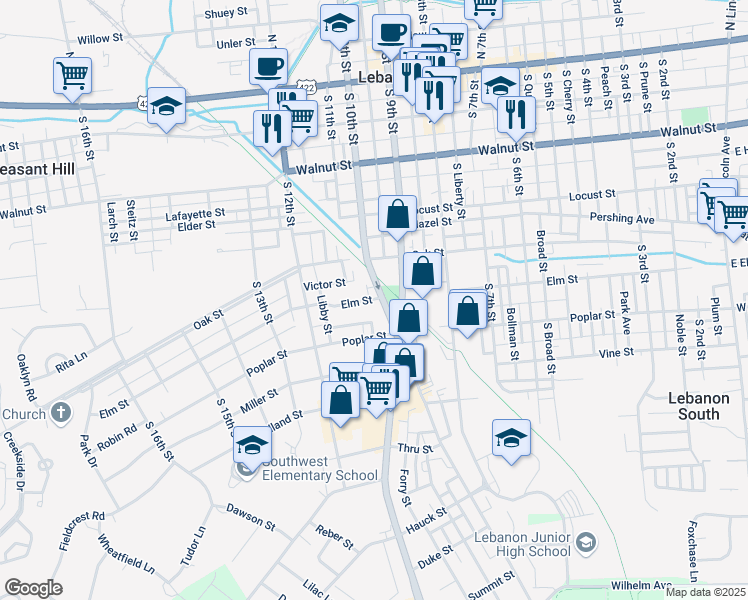 map of restaurants, bars, coffee shops, grocery stores, and more near 499 South 10th Street in Lebanon