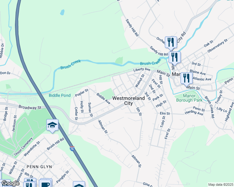 map of restaurants, bars, coffee shops, grocery stores, and more near 1292 6th Street in Westmoreland City
