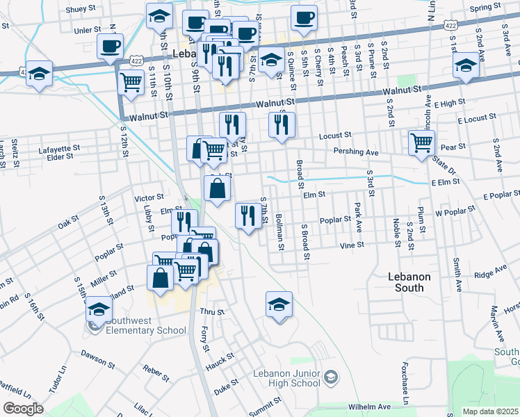 map of restaurants, bars, coffee shops, grocery stores, and more near 509 S 7th St in Lebanon