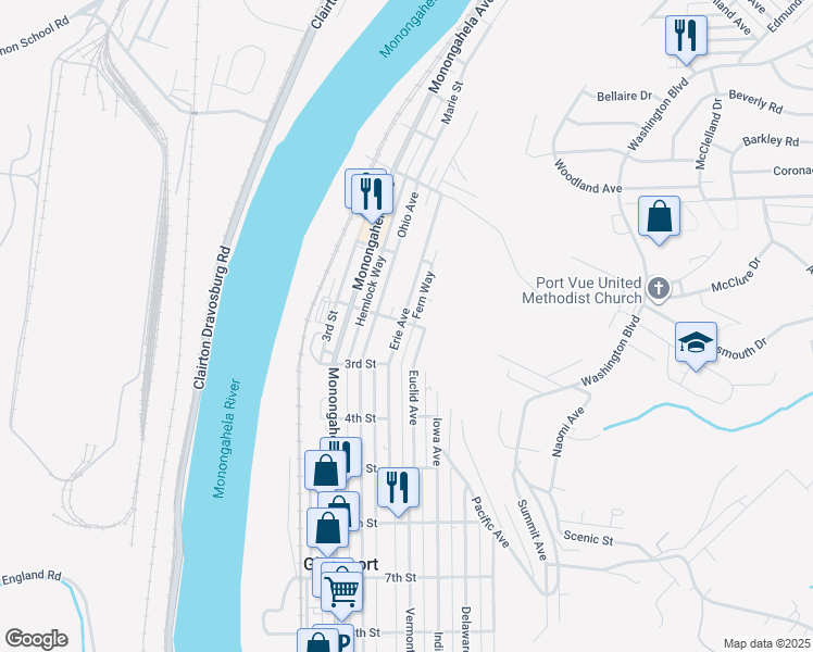 map of restaurants, bars, coffee shops, grocery stores, and more near 201 Erie Avenue in Glassport