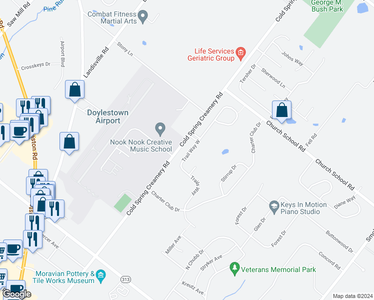 map of restaurants, bars, coffee shops, grocery stores, and more near 3937 Trails Way in Doylestown