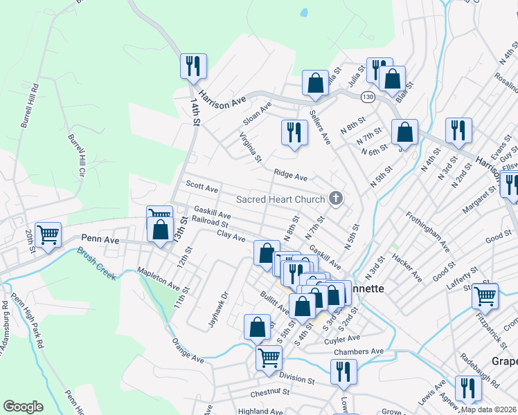 map of restaurants, bars, coffee shops, grocery stores, and more near 904 Scott Avenue in Jeannette