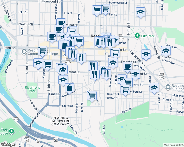map of restaurants, bars, coffee shops, grocery stores, and more near 742 Chestnut Street in Reading