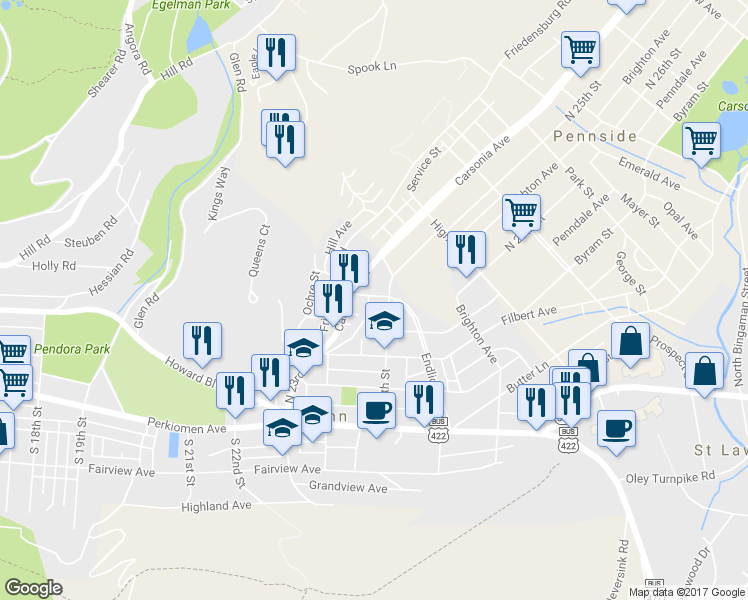 map of restaurants, bars, coffee shops, grocery stores, and more near 237 Oak Terrace in Mount Penn