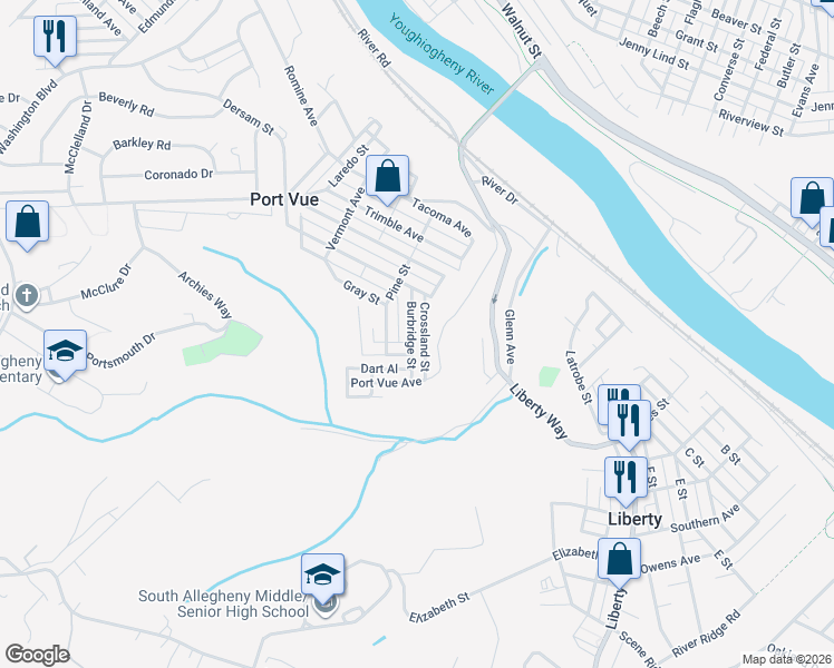 map of restaurants, bars, coffee shops, grocery stores, and more near 721 Burbridge Street in McKeesport
