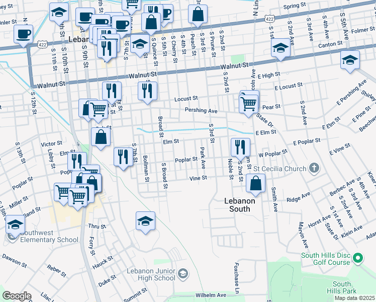 map of restaurants, bars, coffee shops, grocery stores, and more near 510 Worth St in Lebanon