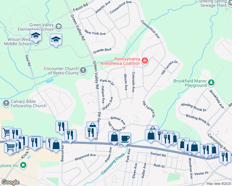 map of restaurants, bars, coffee shops, grocery stores, and more near 112 Park Place Drive in Sinking Spring