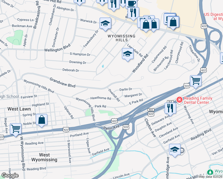 map of restaurants, bars, coffee shops, grocery stores, and more near 31 Overhill Road in Reading