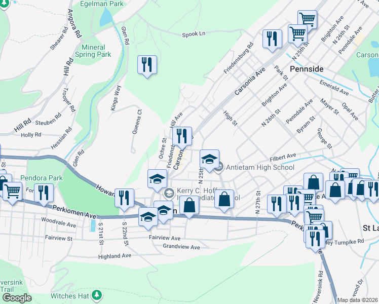 map of restaurants, bars, coffee shops, grocery stores, and more near 237 Oak Terrace in Mount Penn