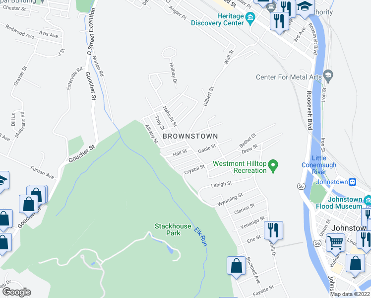 map of restaurants, bars, coffee shops, grocery stores, and more near 330 Hall Street in Johnstown