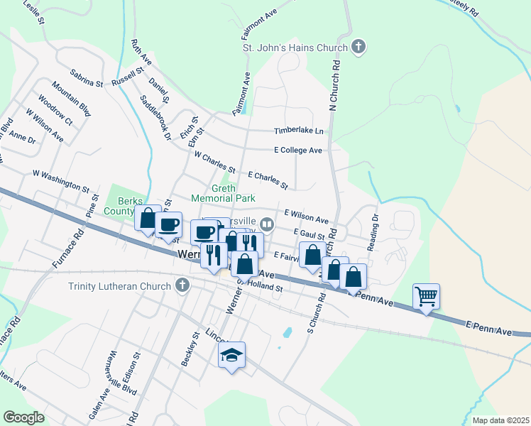 map of restaurants, bars, coffee shops, grocery stores, and more near 72 E Wilson Ave in Wernersville