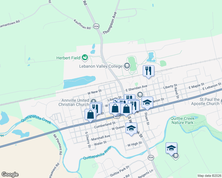 map of restaurants, bars, coffee shops, grocery stores, and more near 224 North Lancaster Street in Annville