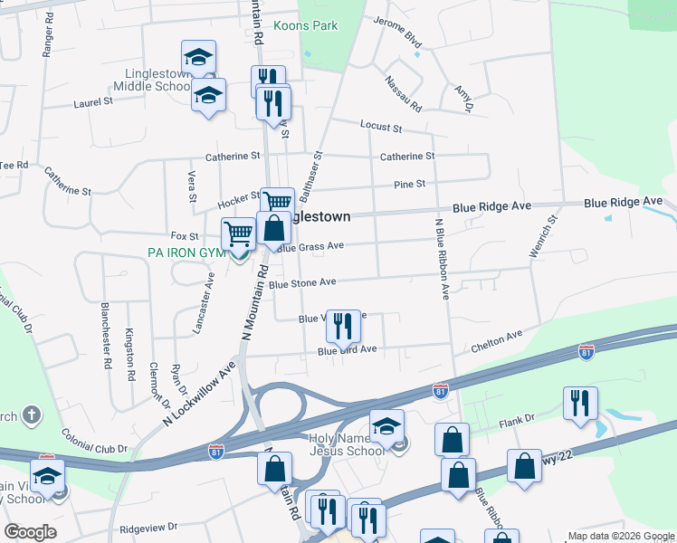 map of restaurants, bars, coffee shops, grocery stores, and more near 6114 Blue Stone Avenue in Harrisburg