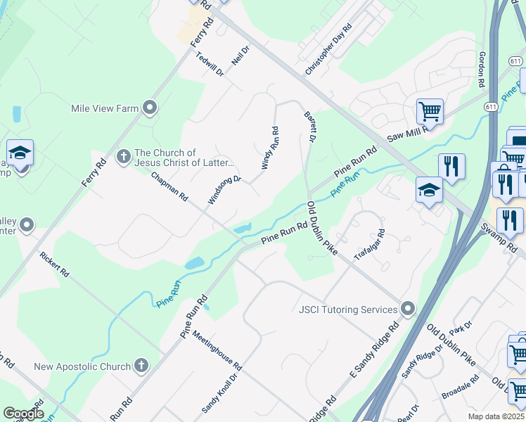 map of restaurants, bars, coffee shops, grocery stores, and more near 118 Windsong Drive in Doylestown