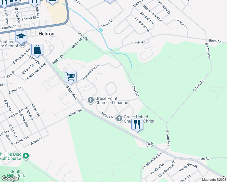 map of restaurants, bars, coffee shops, grocery stores, and more near 222 Acorn Circle in Lebanon