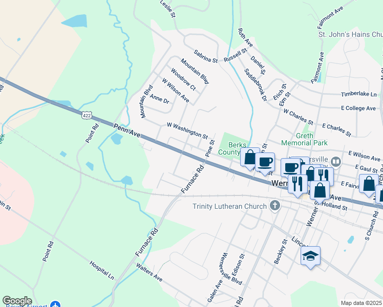 map of restaurants, bars, coffee shops, grocery stores, and more near 449 West Penn Avenue in Wernersville