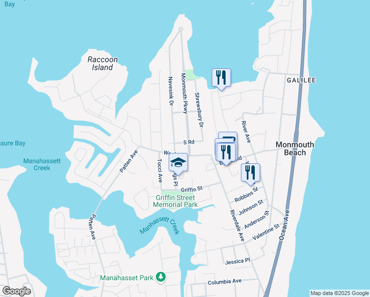 map of restaurants, bars, coffee shops, grocery stores, and more near 6 Monmouth Parkway in Monmouth Beach