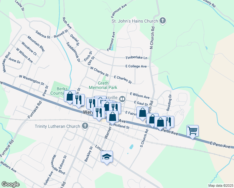 map of restaurants, bars, coffee shops, grocery stores, and more near 72 East Wilson Avenue in Wernersville