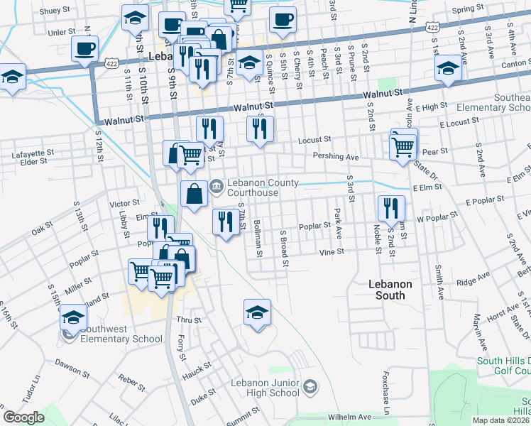 map of restaurants, bars, coffee shops, grocery stores, and more near 515 South 6th Street in Lebanon