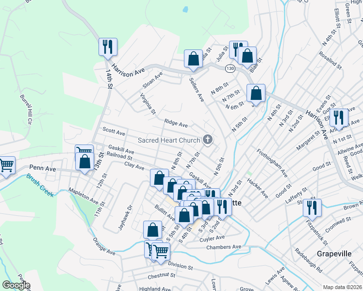 map of restaurants, bars, coffee shops, grocery stores, and more near 300 North 8th Street in Jeannette