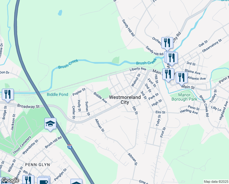 map of restaurants, bars, coffee shops, grocery stores, and more near 1292 6th Street in Westmoreland City