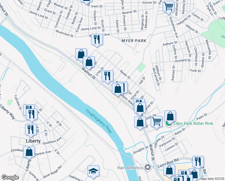 map of restaurants, bars, coffee shops, grocery stores, and more near in McKeesport
