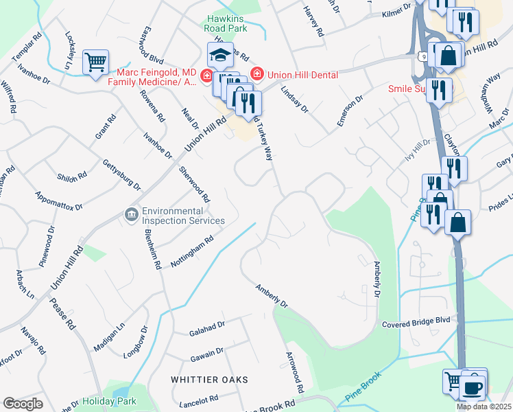 map of restaurants, bars, coffee shops, grocery stores, and more near 33 Nottingham Road in Manalapan Township