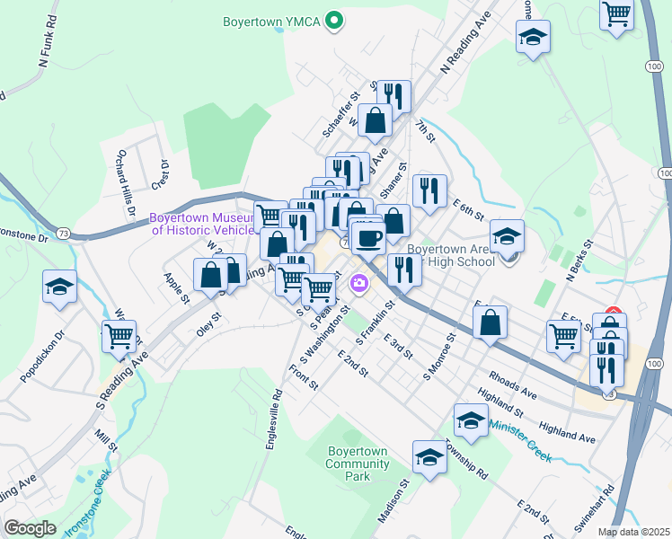 map of restaurants, bars, coffee shops, grocery stores, and more near 47 South Chestnut Street in Boyertown