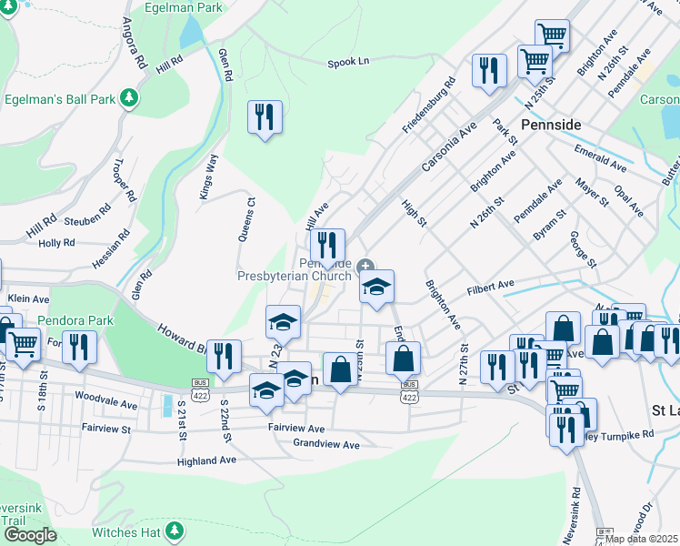map of restaurants, bars, coffee shops, grocery stores, and more near 237 Oak Terrace in Mount Penn