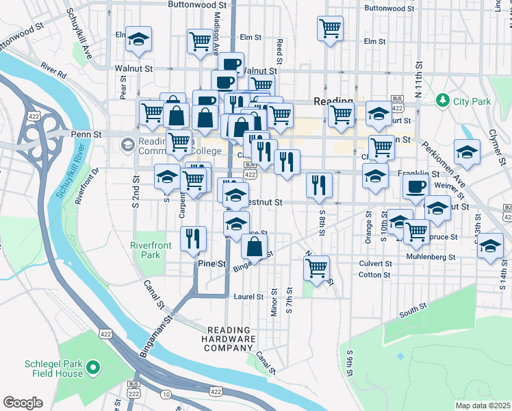 map of restaurants, bars, coffee shops, grocery stores, and more near 520 Chestnut Street in Reading