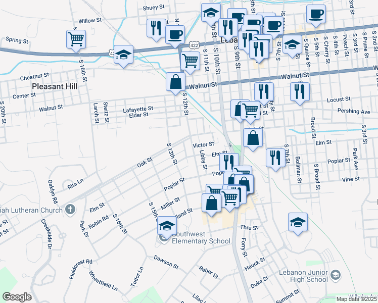 map of restaurants, bars, coffee shops, grocery stores, and more near 427 South 12th Street in Lebanon