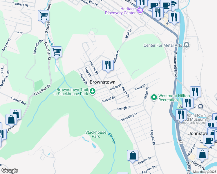 map of restaurants, bars, coffee shops, grocery stores, and more near 211 Habicht Street in Johnstown
